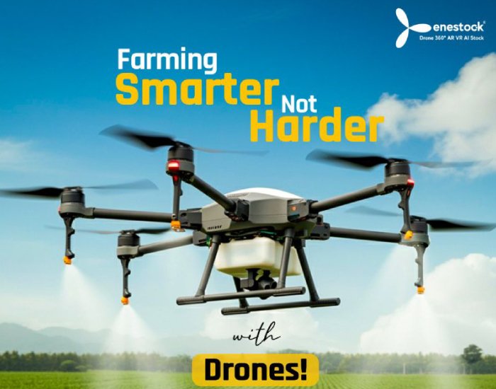 Agricultural spraying drone over crops